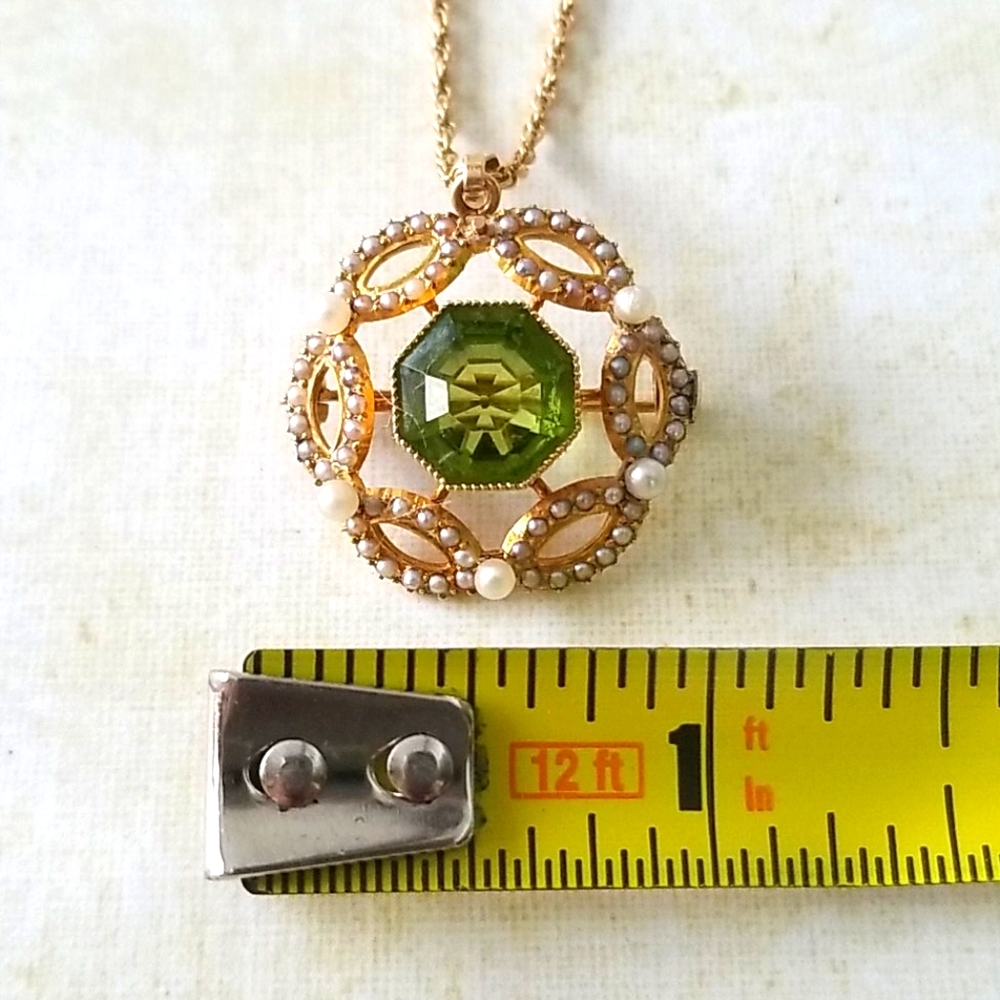 Vintage 14k Gold Cultured Pearl and Peridot Pendant Brooch Combo Necklace - Picture 11 of 16